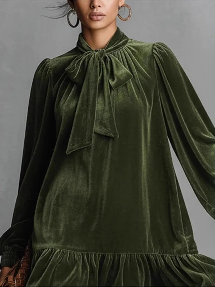 Tamsin Velvet Dress with Tie Neck and Ruffled Hem