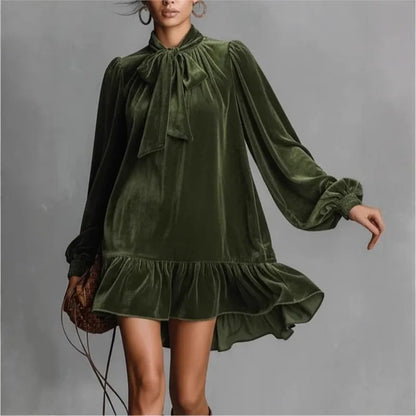 Tamsin Velvet Dress with Tie Neck and Ruffled Hem