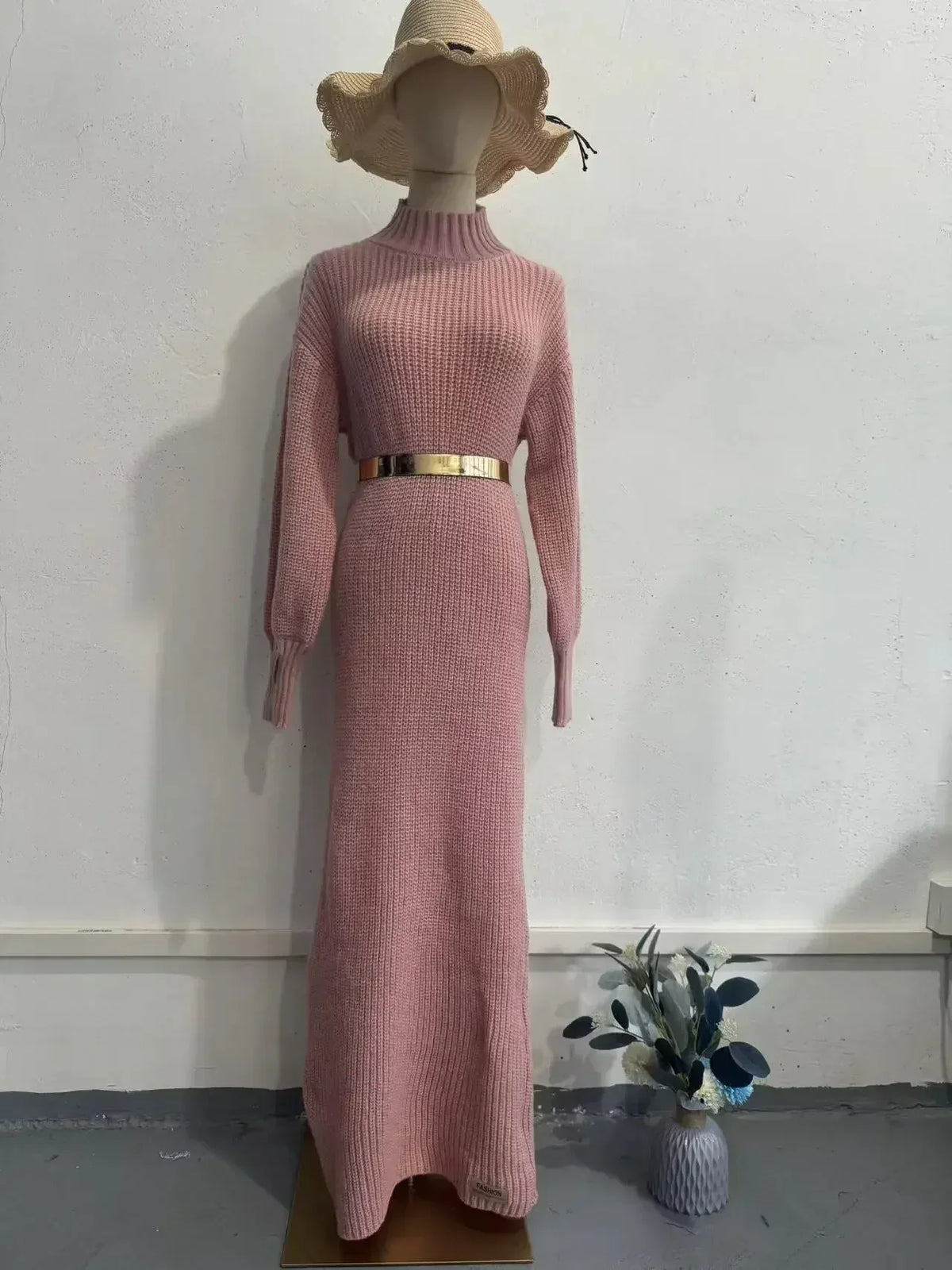 Yara Sweater Dress with Lantern Sleeves and Belt