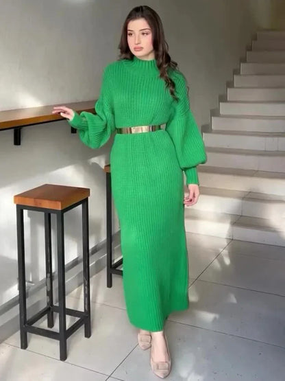 Yara Sweater Dress with Lantern Sleeves and Belt