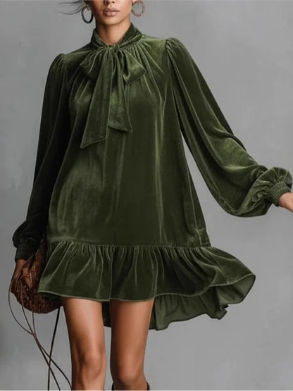 Tamsin Velvet Dress with Tie Neck and Ruffled Hem