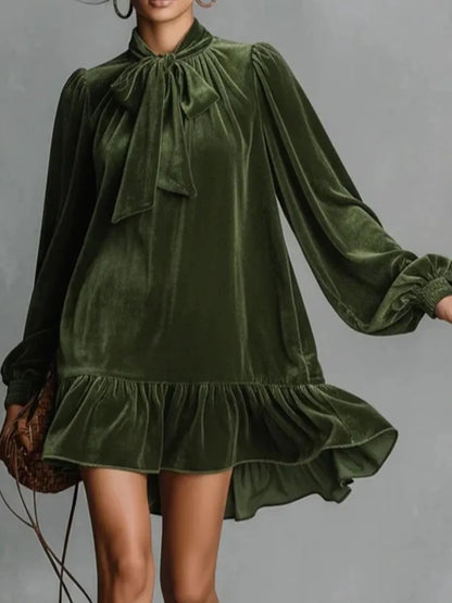 Tamsin Velvet Dress with Tie Neck and Ruffled Hem