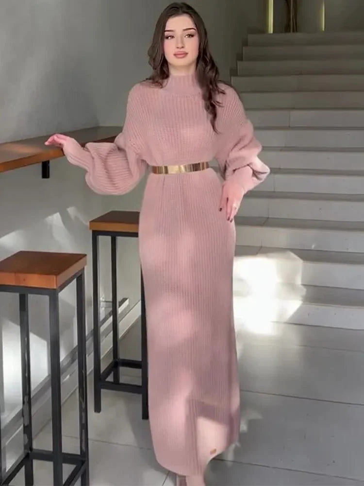 Yara Sweater Dress with Lantern Sleeves and Belt