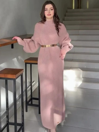 Yara Sweater Dress with Lantern Sleeves and Belt