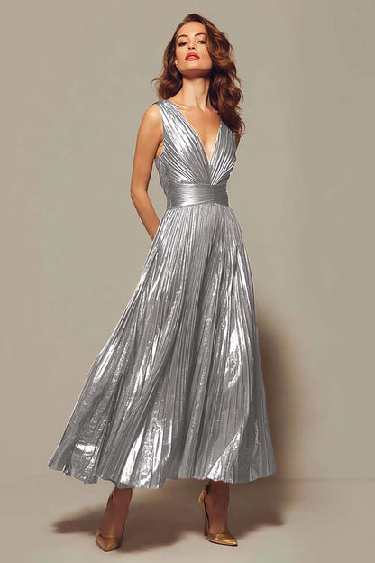 Apolline Formal Dress with Pleated Metallic and Deep V Neck