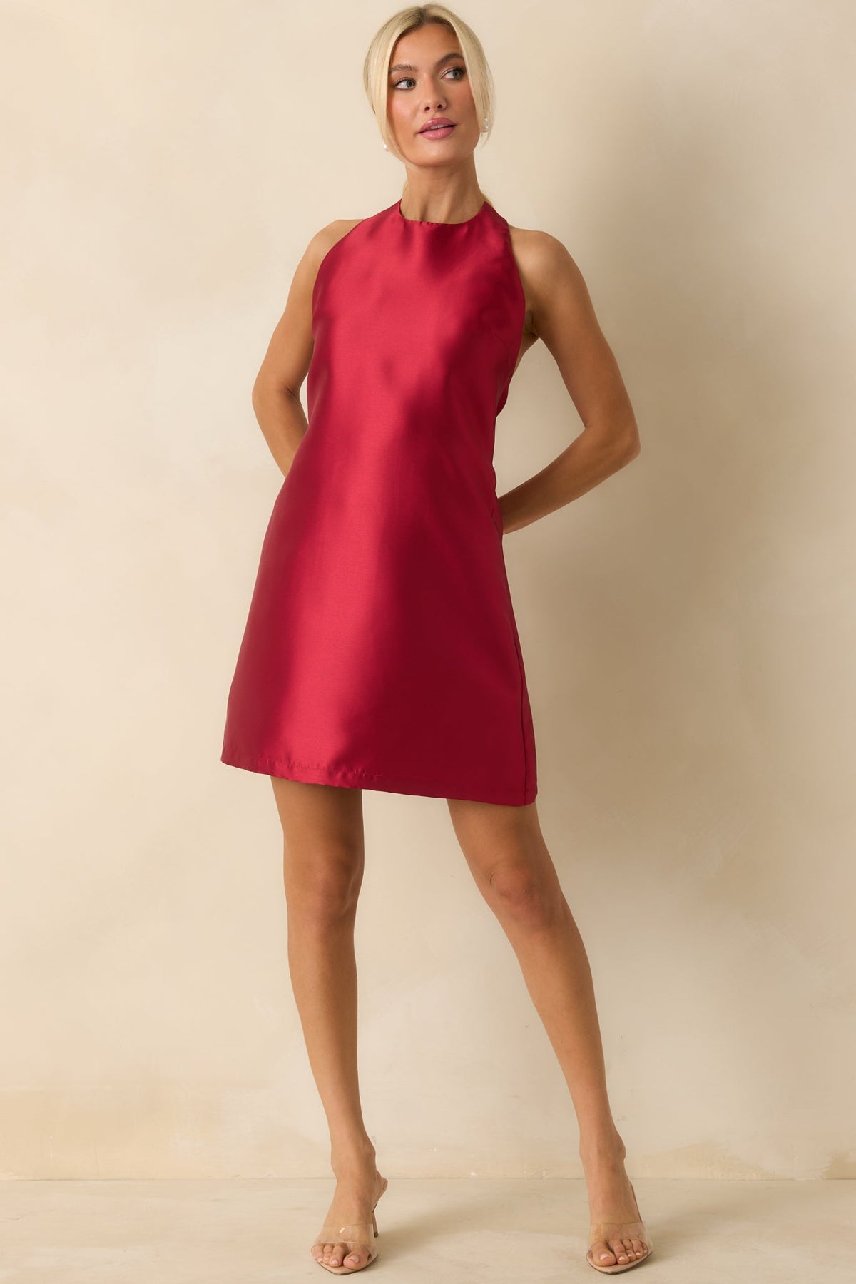 Viola Red Dress with Halter Neck and A-Line Skirt
