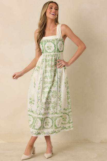 Georgia Green Dress with Eyelet Print and Tiered Skirt