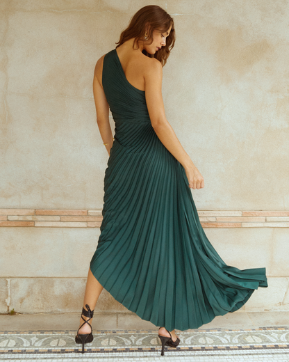 Philippa Green Dress with One Shoulder and Pleated Skirt