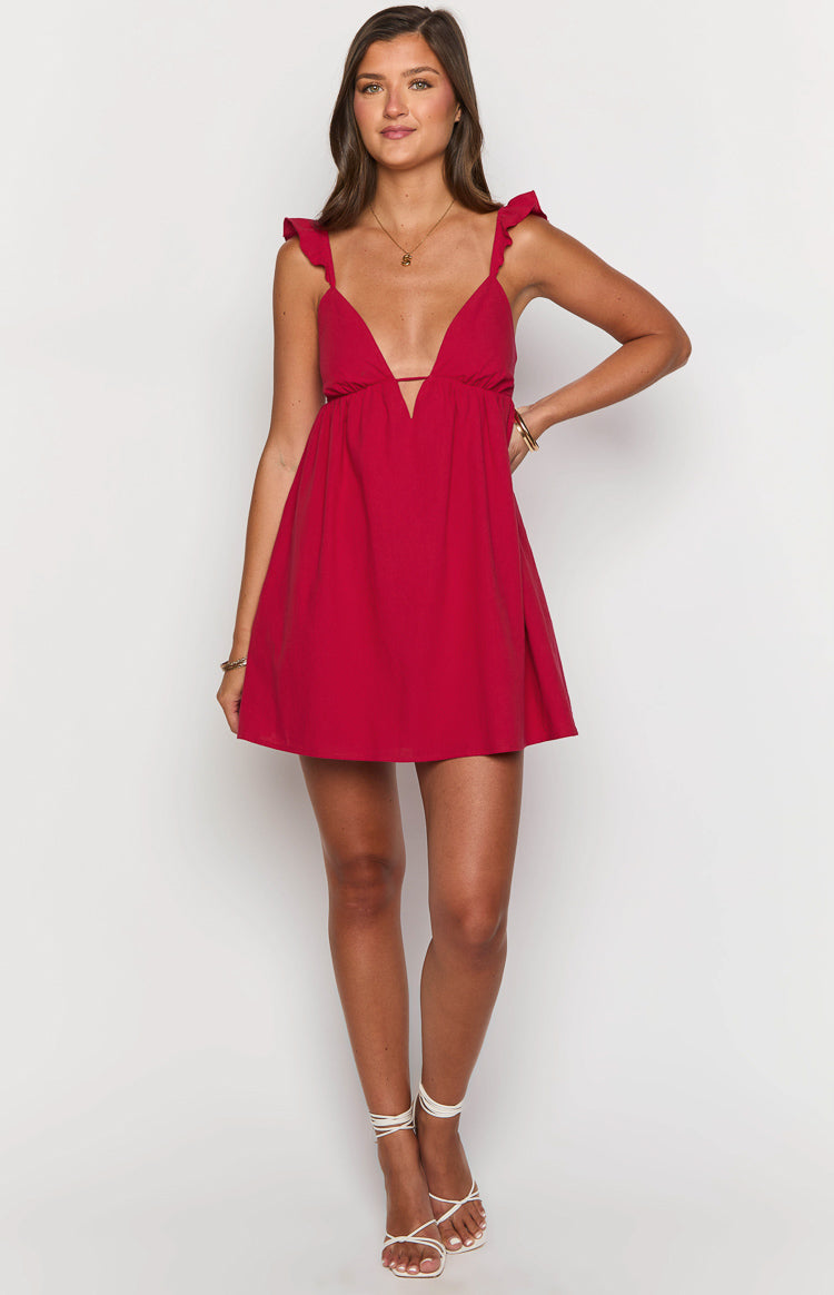 Marcella Red Dress with Plunge Neck and Flared Mini Skirt