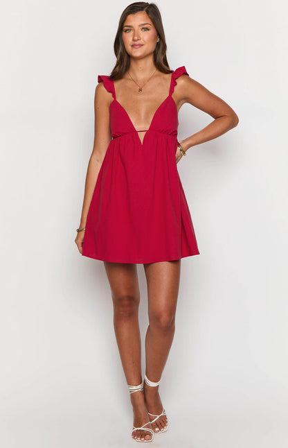 Marcella Red Dress with Plunge Neck and Flared Mini Skirt