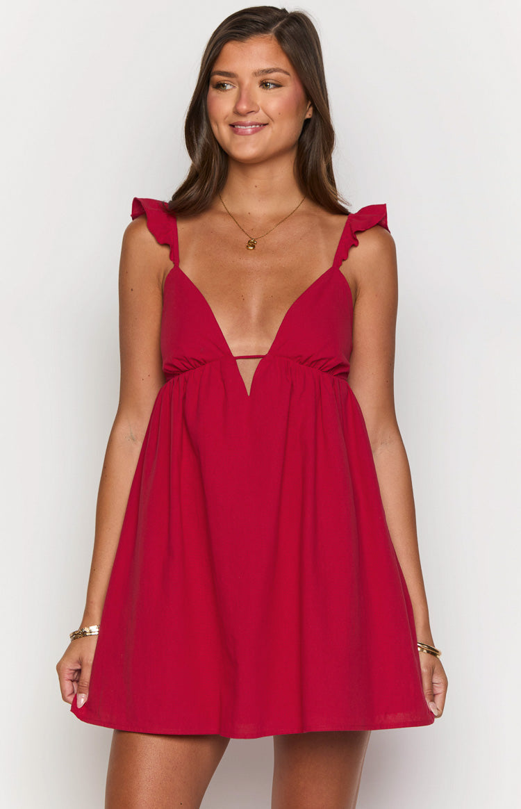 Marcella Red Dress with Plunge Neck and Flared Mini Skirt