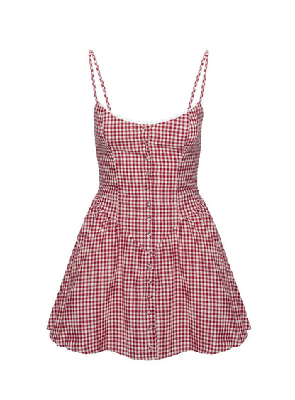Eulalie Red Dress with Gingham Check and Corset Bodice