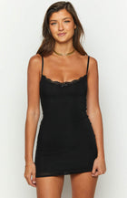 Hana Black Mini Dress with Lace Trim and Fine Straps