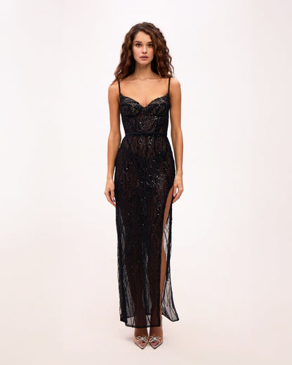 Stevie Black Dress with Sequin Mesh and Fine Straps