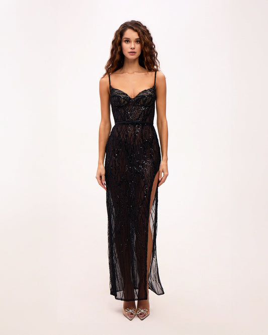 Stevie Black Dress with Sequin Mesh and Fine Straps