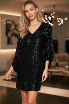 Verity Sequin Dress with V Neck and Blouson Sleeves
