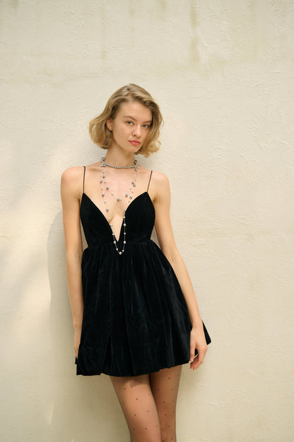 Noor Velvet Dress with Plunge Neck and Open Back