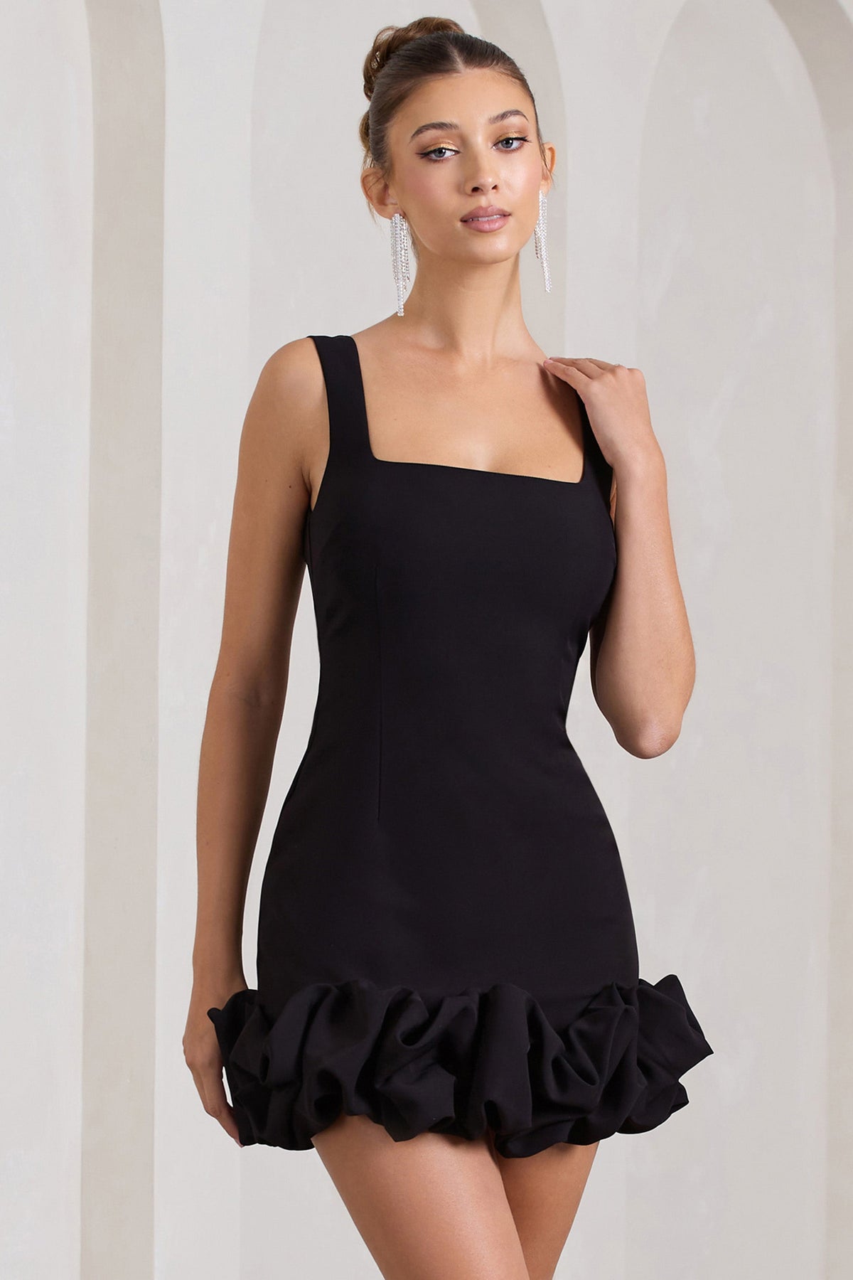 Juniper Black Mini Dress with Fine Straps and Ruffle Hem