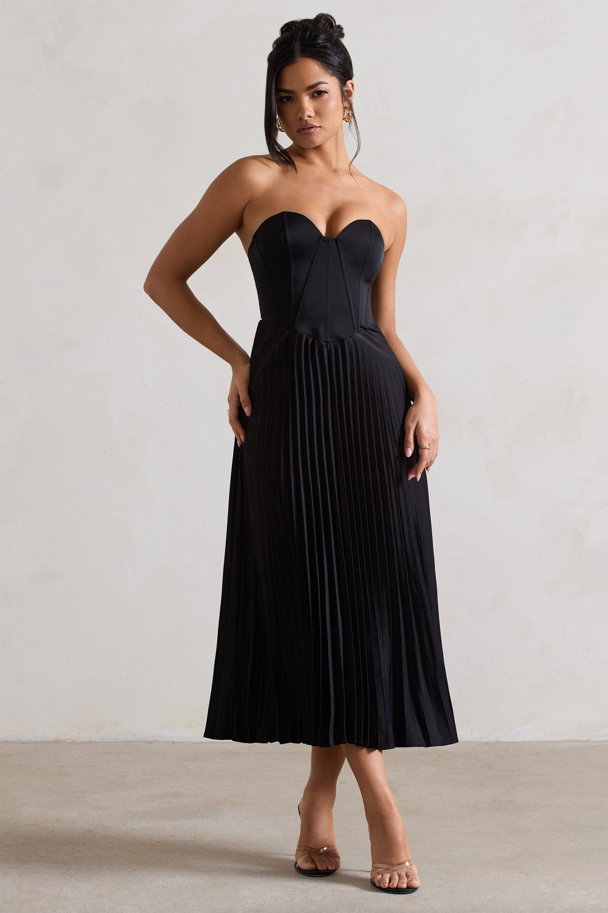 Hollis Black Dress with Corset Bodice and Pleated Midi Skirt