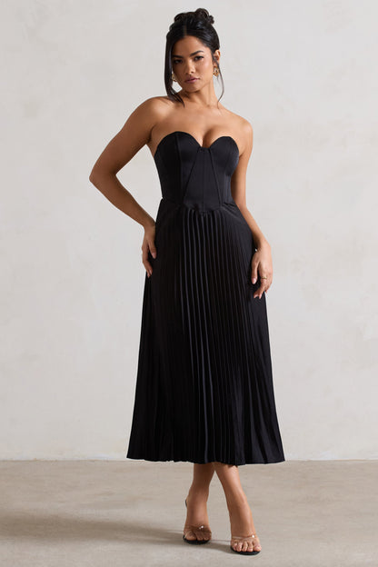 Hollis Black Dress with Corset Bodice and Pleated Midi Skirt