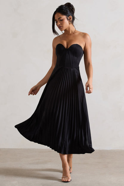 Hollis Black Dress with Corset Bodice and Pleated Midi Skirt