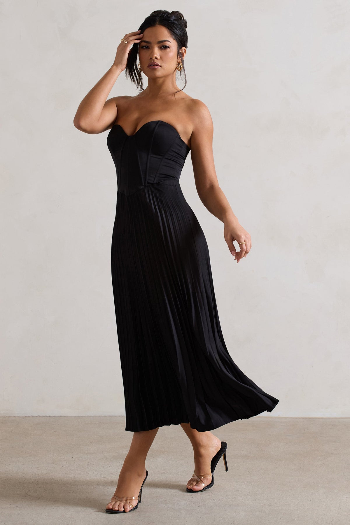 Hollis Black Dress with Corset Bodice and Pleated Midi Skirt