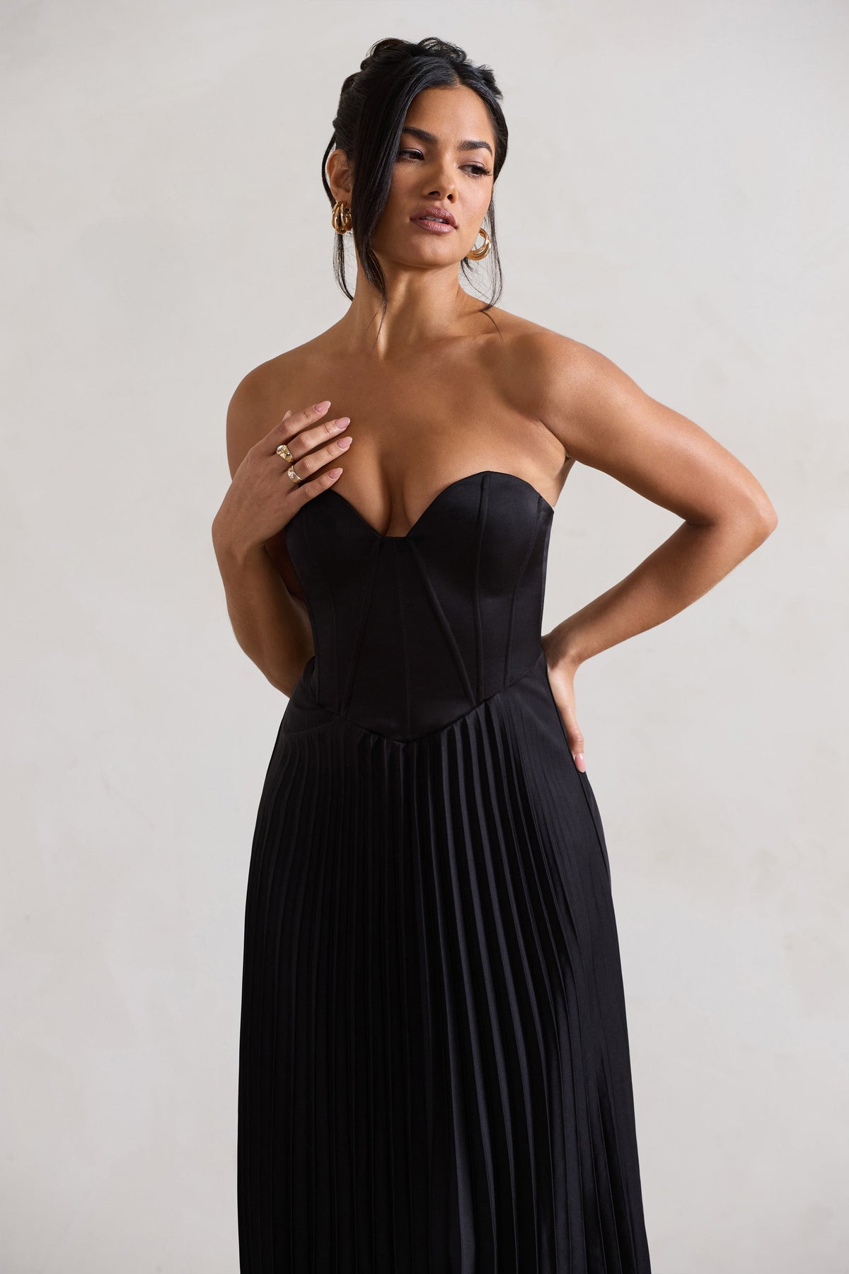 Hollis Black Dress with Corset Bodice and Pleated Midi Skirt