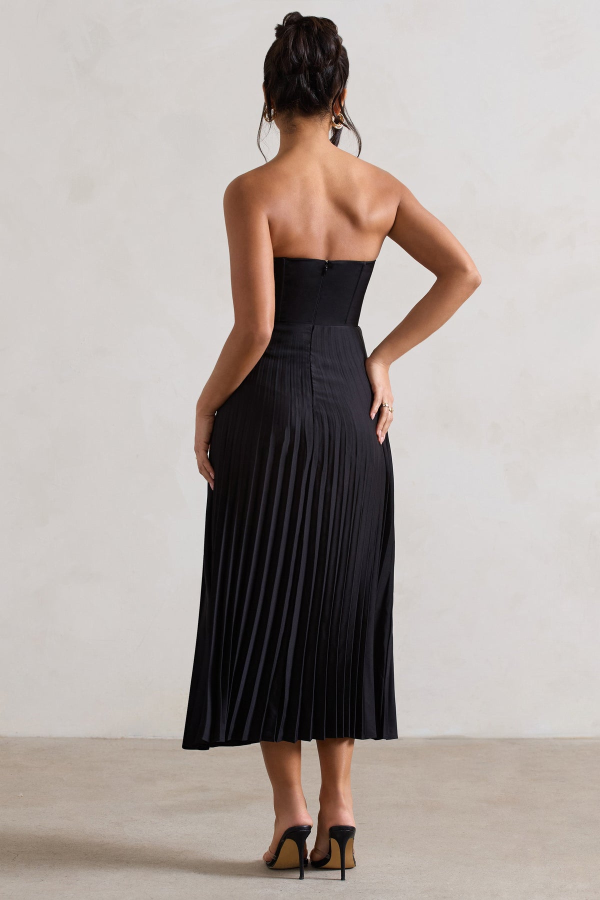 Hollis Black Dress with Corset Bodice and Pleated Midi Skirt