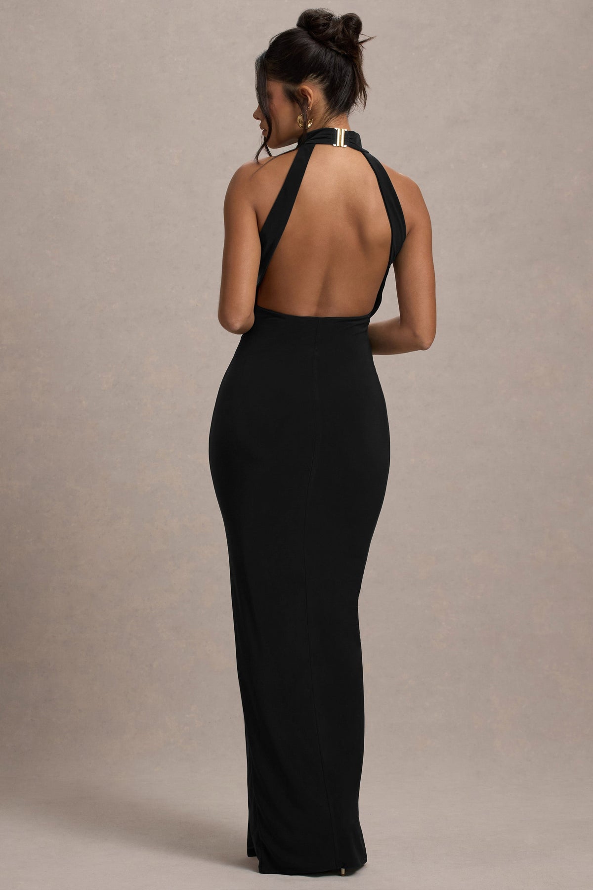 Catalina Black Dress with High Neck and Twisted Drape