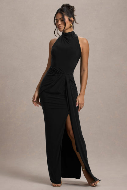 Catalina Black Dress with High Neck and Twisted Drape