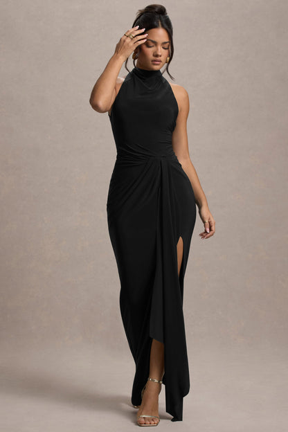 Catalina Black Dress with High Neck and Twisted Drape