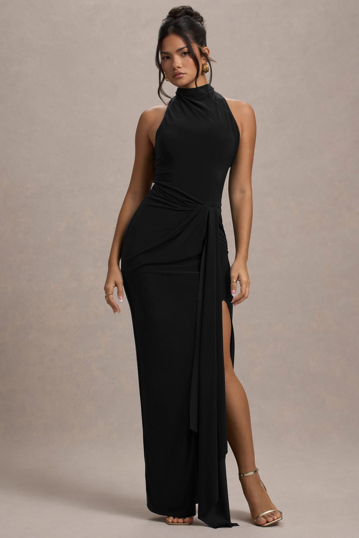 Catalina Black Dress with High Neck and Twisted Drape