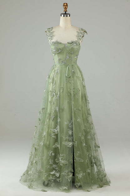 Rhiannon Green Dress with Corset Bodice and Appliqued Tulle