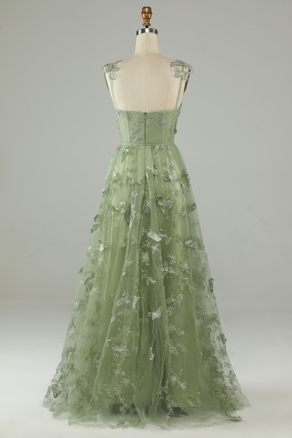 Rhiannon Green Dress with Corset Bodice and Appliqued Tulle