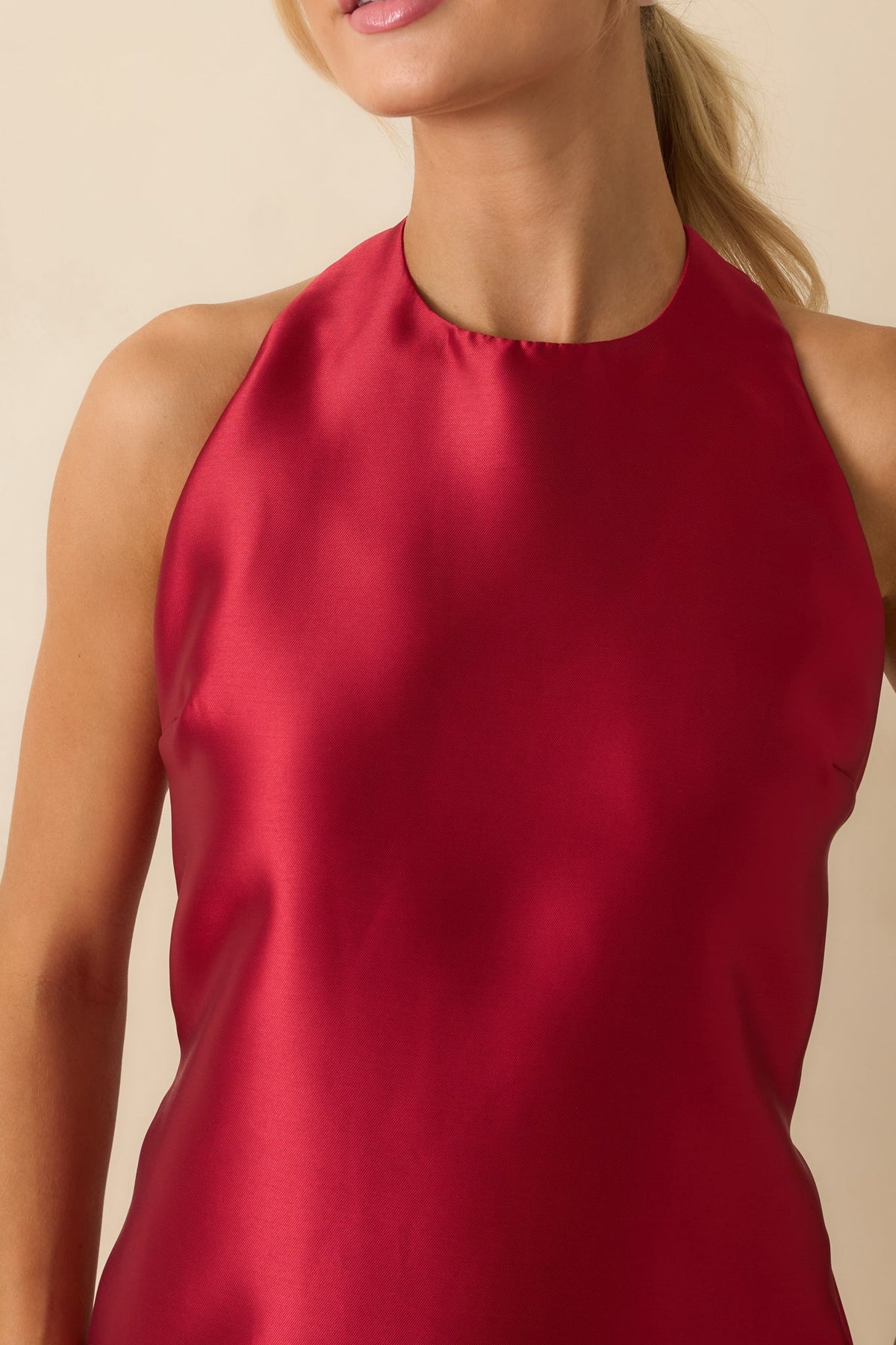 Viola Red Dress with Halter Neck and A-Line Skirt