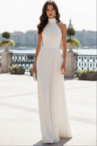Corinne Evening Gown with High Halter Neck and Pleated Fall