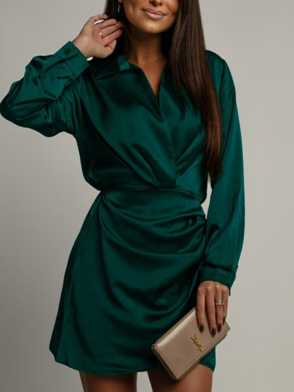 Daphne Long Sleeve Dress with Collar and Satin Wrap Skirt