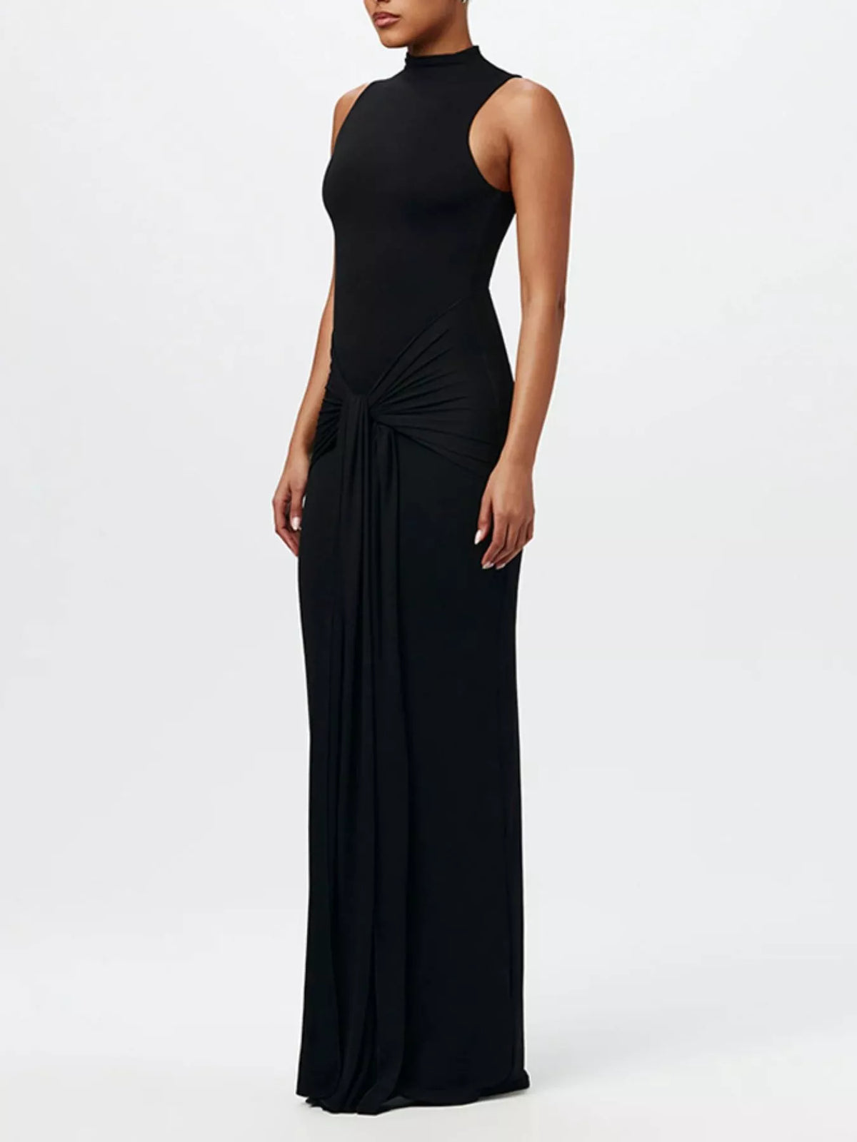 Elin Black Dress with Mock Neck and Knot Front
