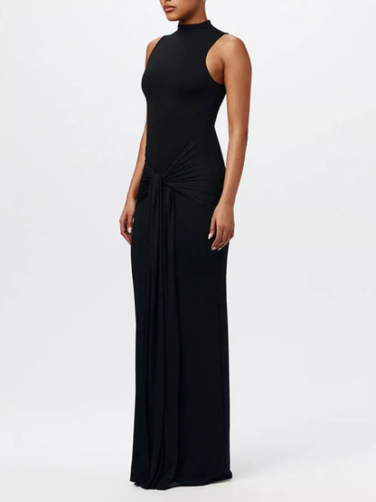 Elin Black Dress with Mock Neck and Knot Front