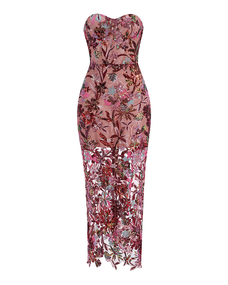 Seren Sequin Dress with Strapless Neck and Floral Sequins