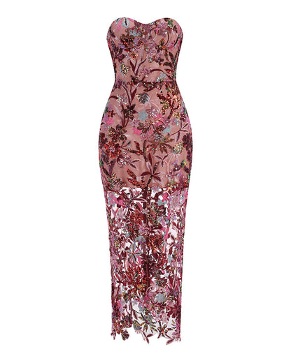 Seren Sequin Dress with Strapless Neck and Floral Sequins