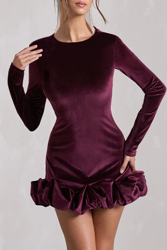 Dahlia Velvet Dress with Long Sleeves and Ruffle Hem