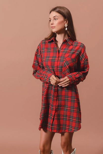 Laurel Red Dress with Tartan Check and Shirt Collar