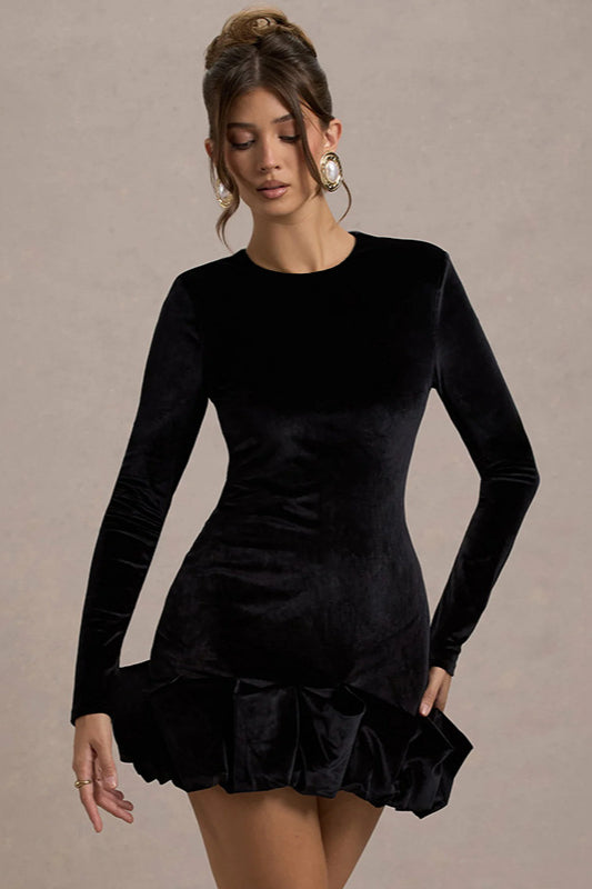 Dahlia Velvet Dress with Long Sleeves and Ruffle Hem