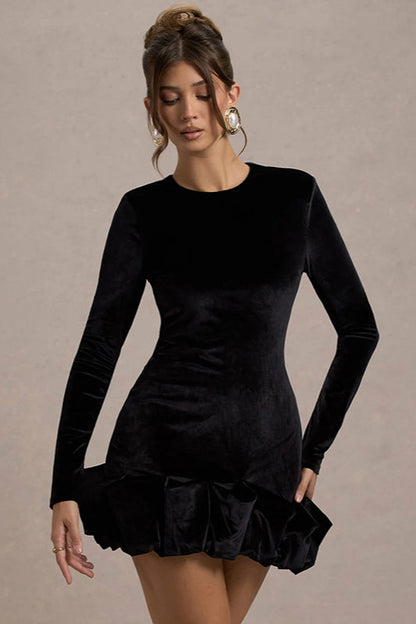 Dahlia Velvet Dress with Long Sleeves and Ruffle Hem