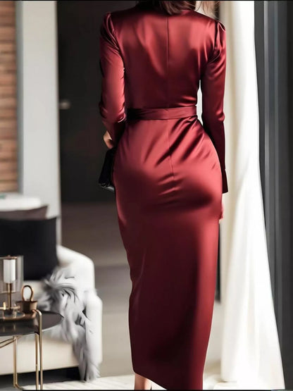 Vienna Long Sleeve Dress with Surplice Neck and Tie Waist