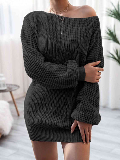 Inge Sweater Dress with Off-Shoulder Neck and Rib Knit