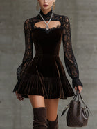 Nadia Velvet Dress with Lace Sleeves and Cutout Neck
