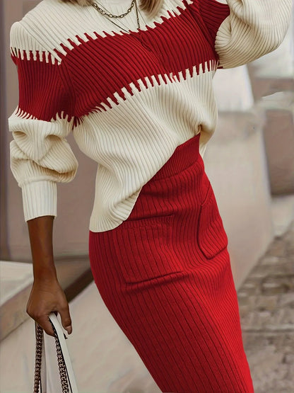Ellie Two-Tone Ribbed Knit Sweater Set
