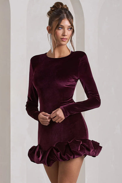 Dahlia Velvet Dress with Long Sleeves and Ruffle Hem